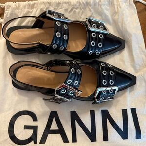 GANNI Flat Buckle Flats, black, size 38